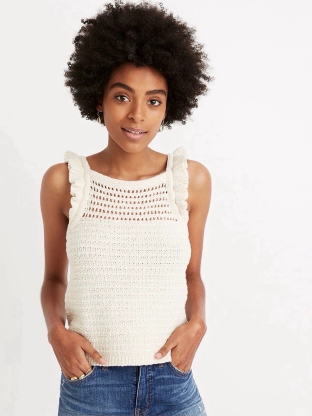 Madewell Crochet Ruffle Strap Tank Top - Cream